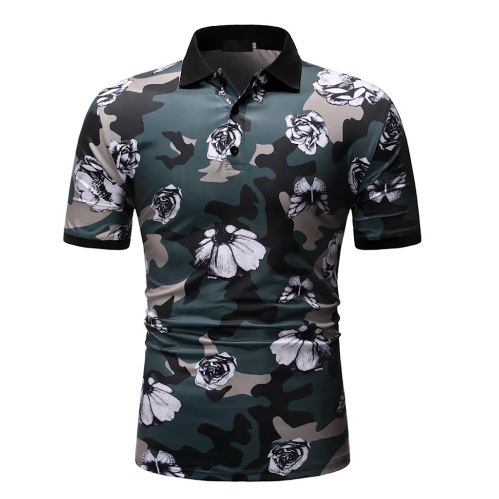 

Summer Men's Fashion Casual Lapel Print Button Short Sleeve Top Blouse England Style Men Polo Shirt Breathable
