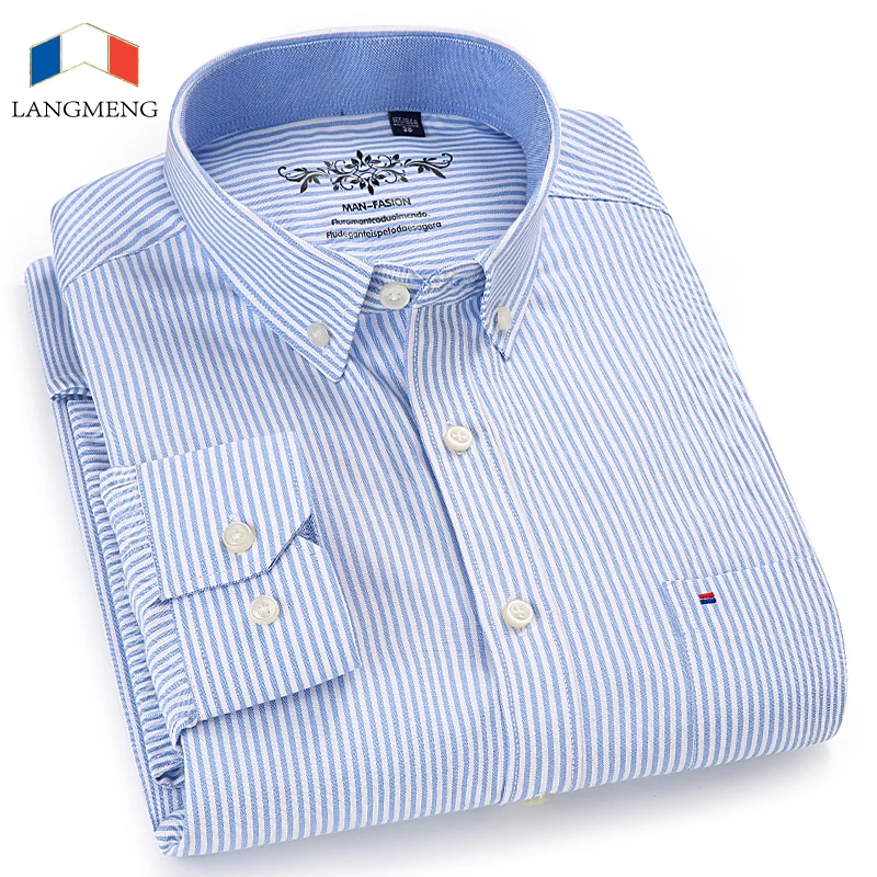 Achat LANGMENG 2018 Nouvelle Arrivée À Manches Longues Hommes Chemises Coton Formelle Robe Chemise Masculine Mode Slim Fit Rayé Chemise Décontractée Hommes