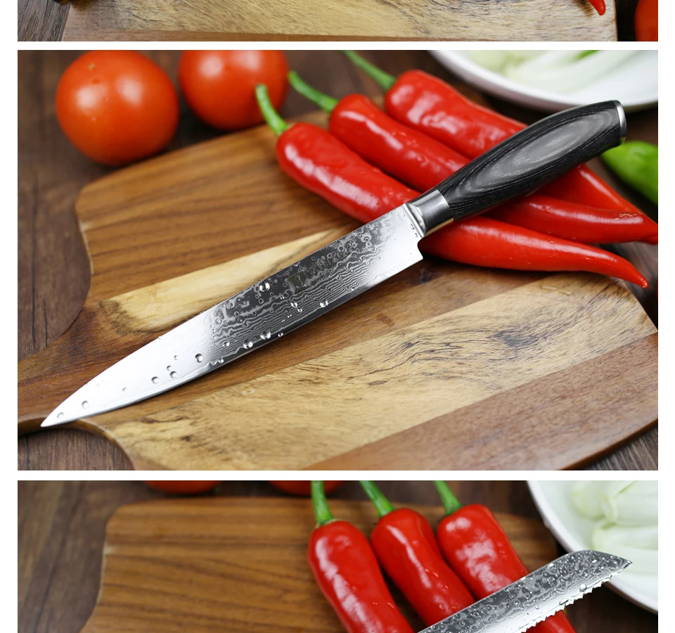 XINZUO 6 шт. набор кухонных ножей 67 слоев высокоуглеродистой японской VG10 дамасской стали шеф-повара Santoku универсальный нож Pakkawood ручка