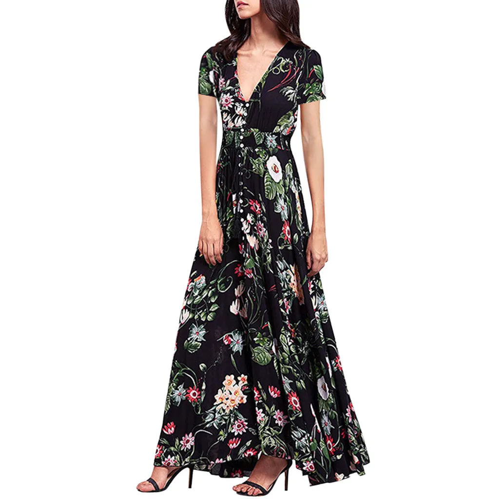 

Fashion summer dress V-neck short-sleeved fashion dresses boho button flower print long trend beach dress#YL5
