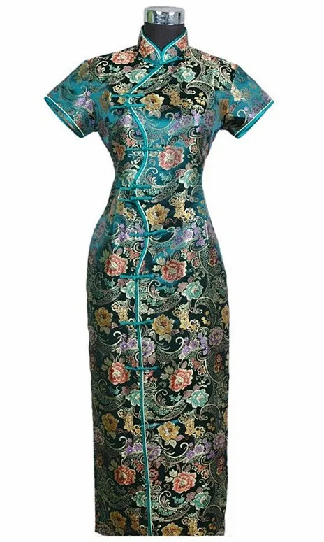Черное китайское женское атласное длинное платье Ципао с лямкой на шее с цветочным принтом Размеры S M L XL XXL XXXL J0024 - Цвет: Зеленый