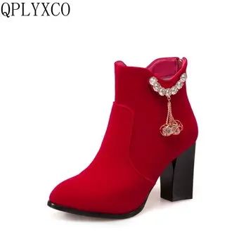 

QPLYXCO New Russian warm ankle Boots Big &small Size 31-50 Women short Boots Pointe toes zipper High Heels party shoes T2-6