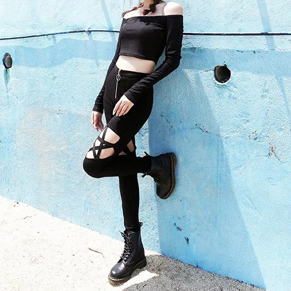 XUANSHOW Trousers Fashion Black Harajuku Hollow Out Five-Pointed Star Women's Full Pants Punk Gothic Bandage Pencil Pants