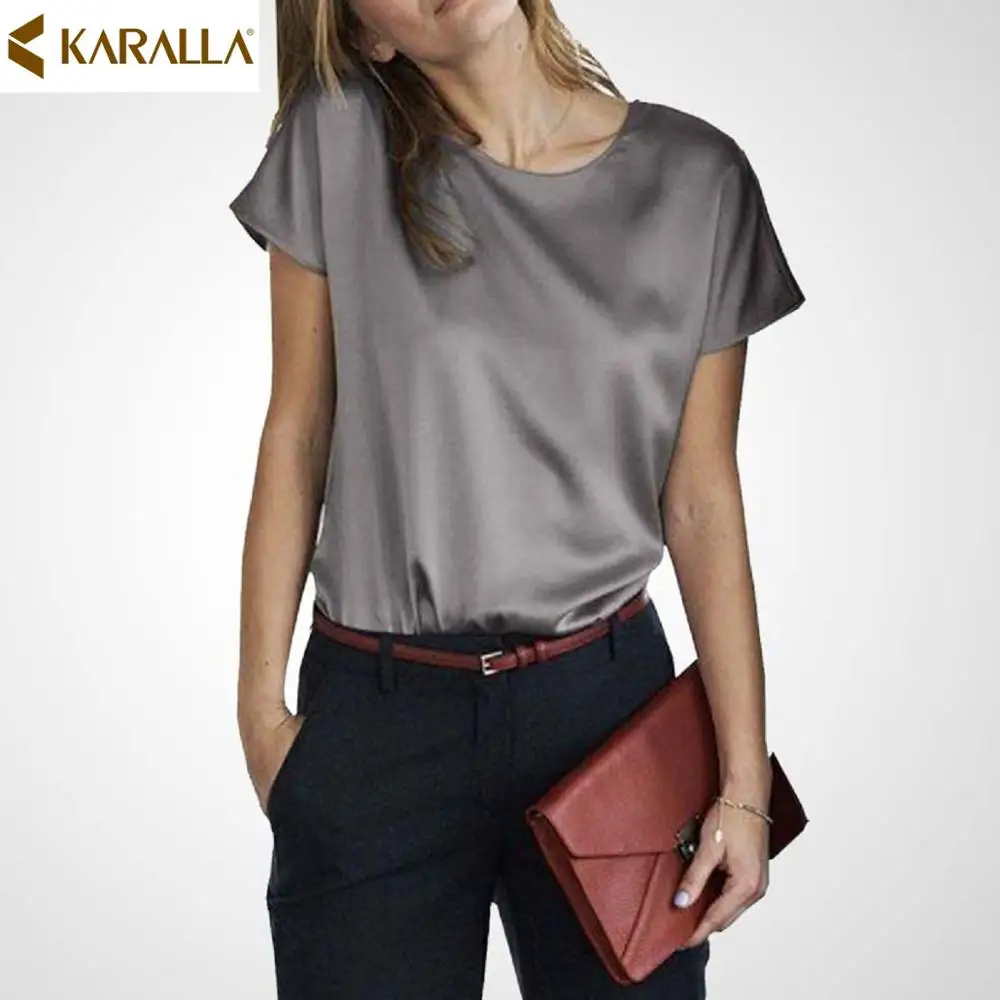 

Short Sleeves Female Temperament T-shirt Summer New Silk Pure Color Tops Fashion Women O-Neck Tees C1479