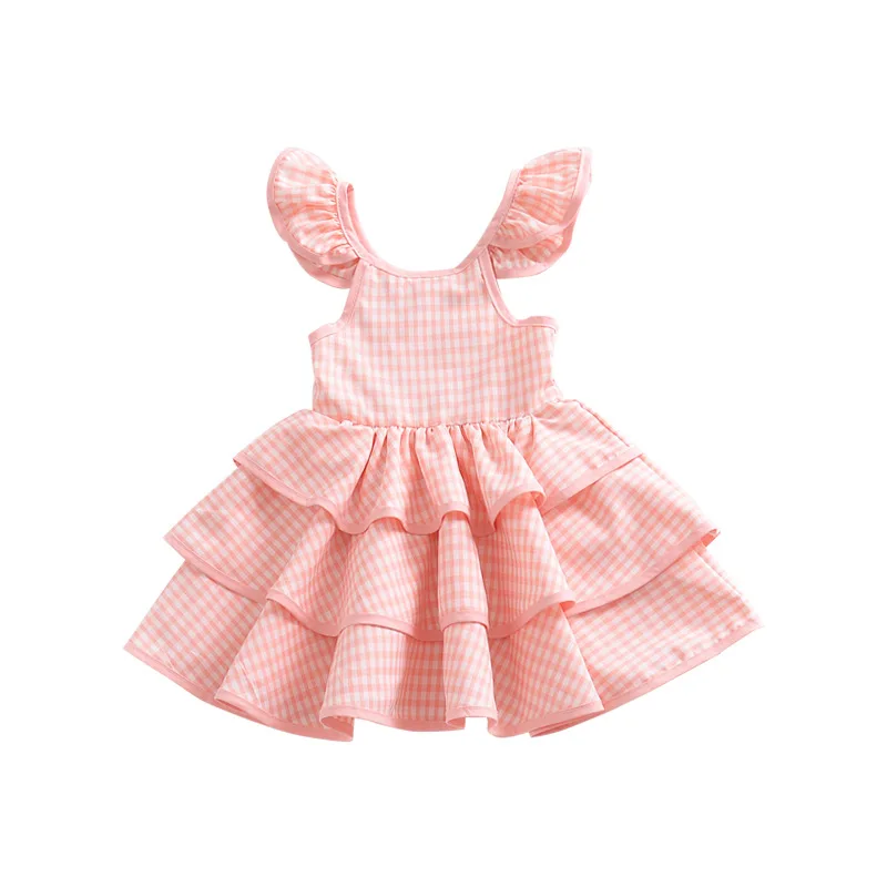 

Explosion Models Girls Summer Dress Baby Girl Plaid Fly Sleeve Halter Straps Dress Children New Sleeveless Cake TuTu1-5 Year old