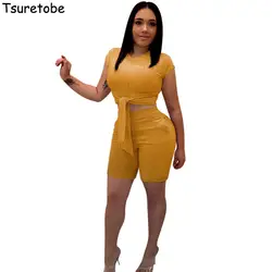 Tsuretobe повседневное вязать комплект из 2 частей спортивный костюм для женщин Летняя мода BodyconTwo комплект укороченный топ и шорт