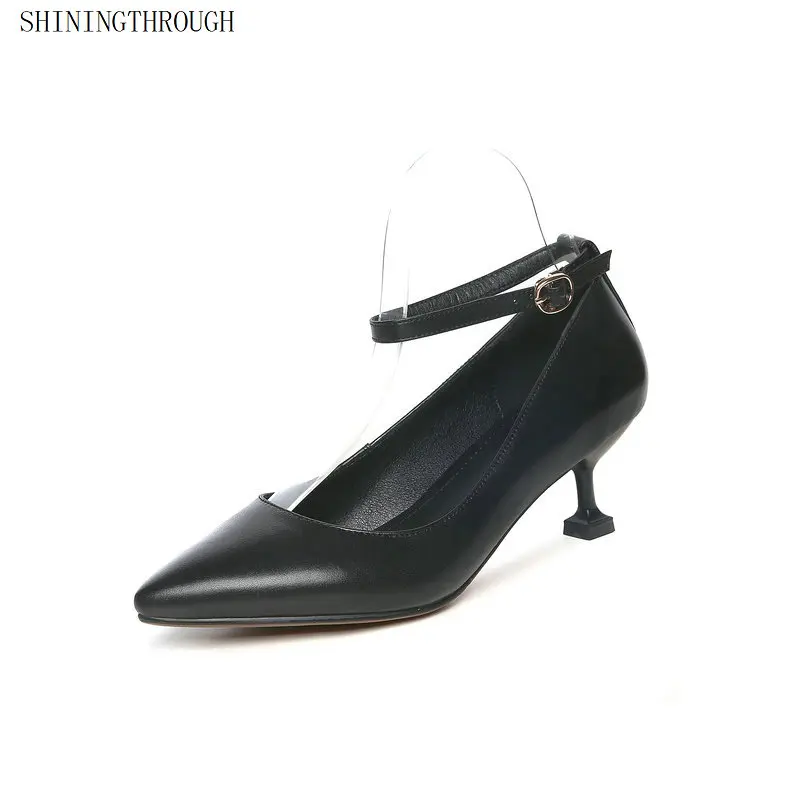 

2019 Spring Autumn Sexy Women Shalow Pumps Genuine Leather High Heels ankle strap Ol Shoes Woman Size 33-43