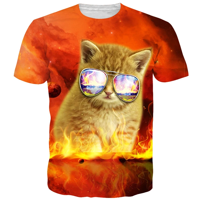 

The Cat Wear Sunglasses T-shirt Orange Fire Kitten T Shirt 3D Funny Animal Cat Design Full Print Tee Tops Summer Style Dropship