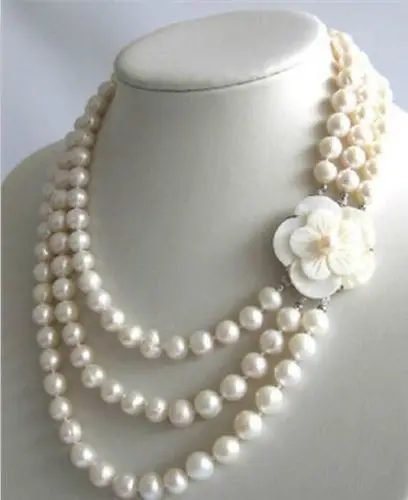 

FREE shipping>>>>>>3Row 7-8mm White Freshwater Pearl Necklace Shell Clasp Natural