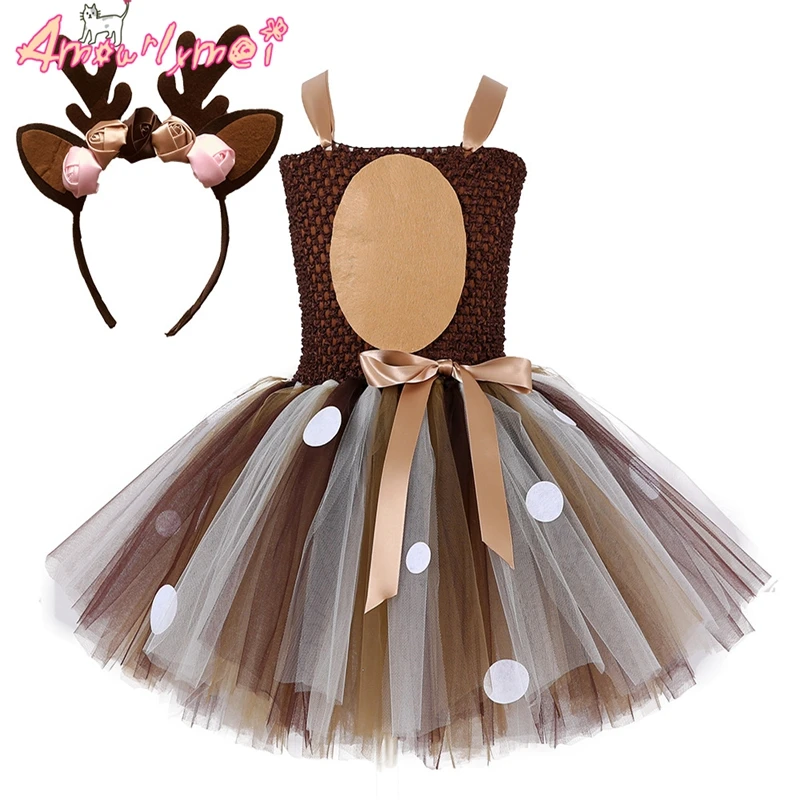Милое Платье-пачка с оленем для девочек, костюм на Хеллоуин, детское платье для костюмированной вечеринки, рождественское платье на день рождения с повязкой на голову