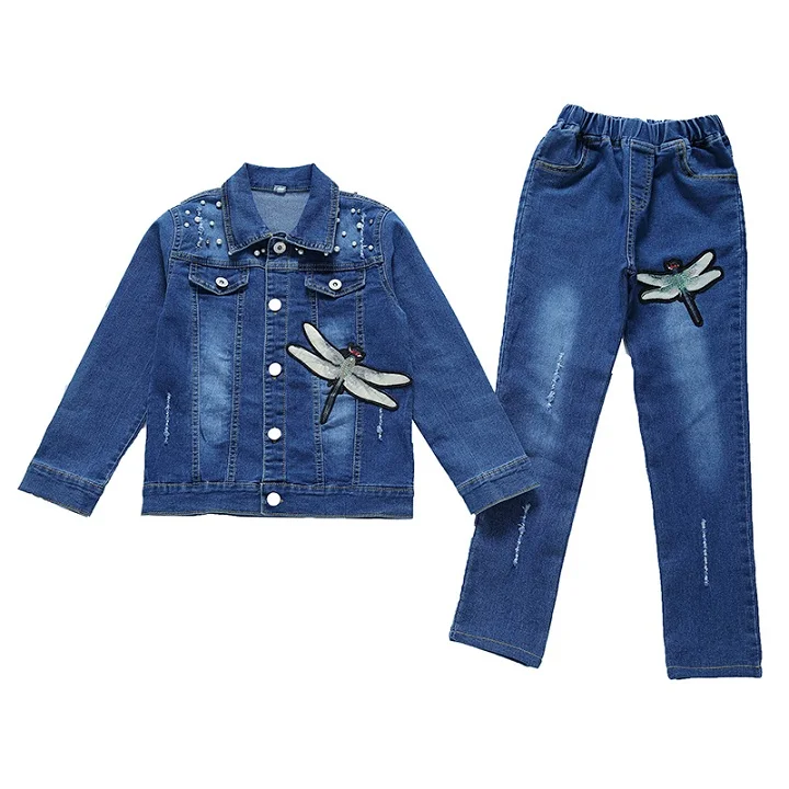 Комплекты для девочек новая весенняя Повседневная джинсовая одежда с героями мультфильмов костюмы с пальто с длинными рукавами для маленьких детей модная одежда для детей 6, 8, 10, 12 лет, Vestidos - Цвет: Синий