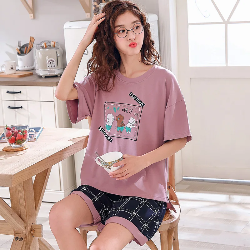 

2019 summer new women's pajamas set cute cartoon round neck short-sleeved T-shirt+shorts 2pcs cotton comfortable home clothing