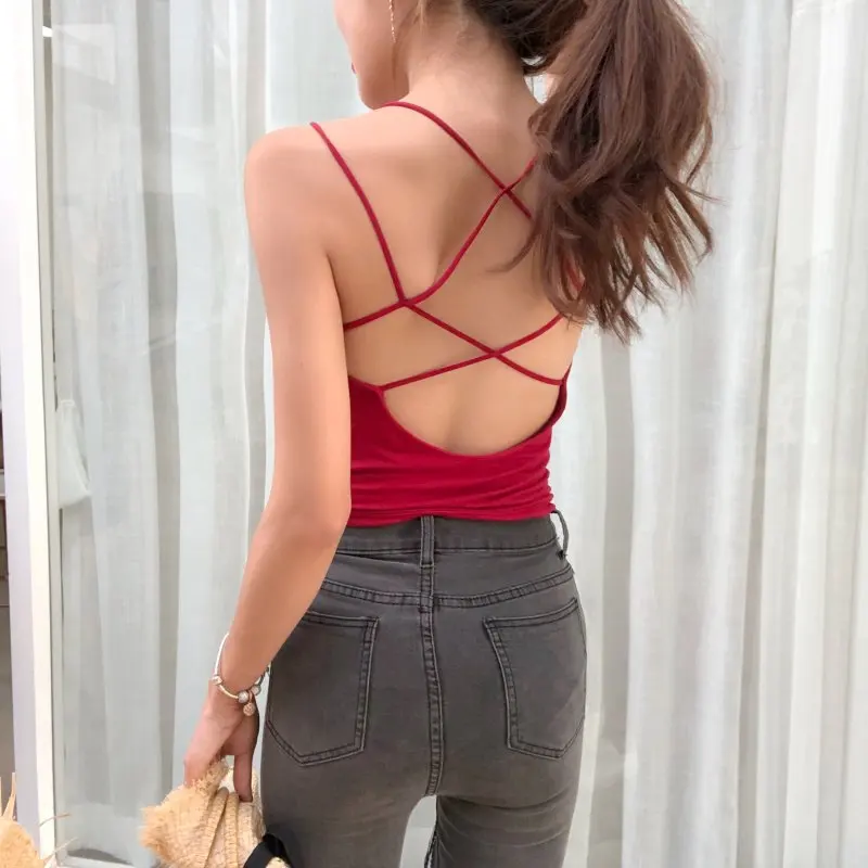 

sexy back Women Ladies Tank Tops Summer Vest Tops Sleeveless Backless Shirt Casual Cross Bandage Camisole Clothes free Size