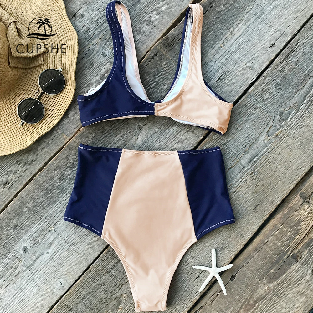 Preise CUPSHE Patchwork Knoten High taille Bikini Set Frauen Zwei Stücke Bademode 2020 Strand Badeanzug Badeanzüge