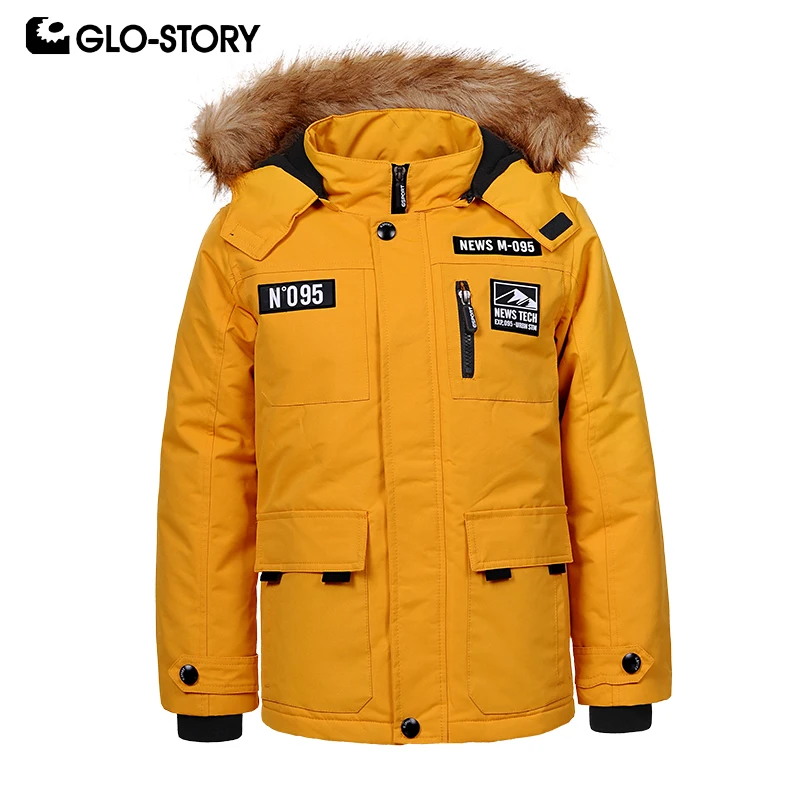 

GLO-STORY Fashion Boy Winter Jackets with Fur Hooded Letter Pocket Solid Thick Kid's Parkas Winter Coats 92-128CM BMA-9420