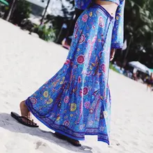 Синий Павлин Цветочные Печатные макси юбки в стиле бохо Женская длинная шикарная эластичная талия Кнопка хиппи праздник Пляж женская Юбка Saia