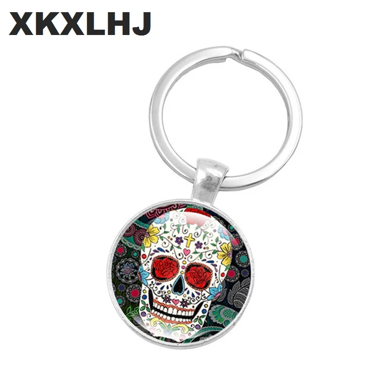 

HOT! Skull Key Chain Mexico Folk Art Skull Picture Glass Dome Keyring Silver Metal Keychain Fashion Jewelry Women's Day Gifts
