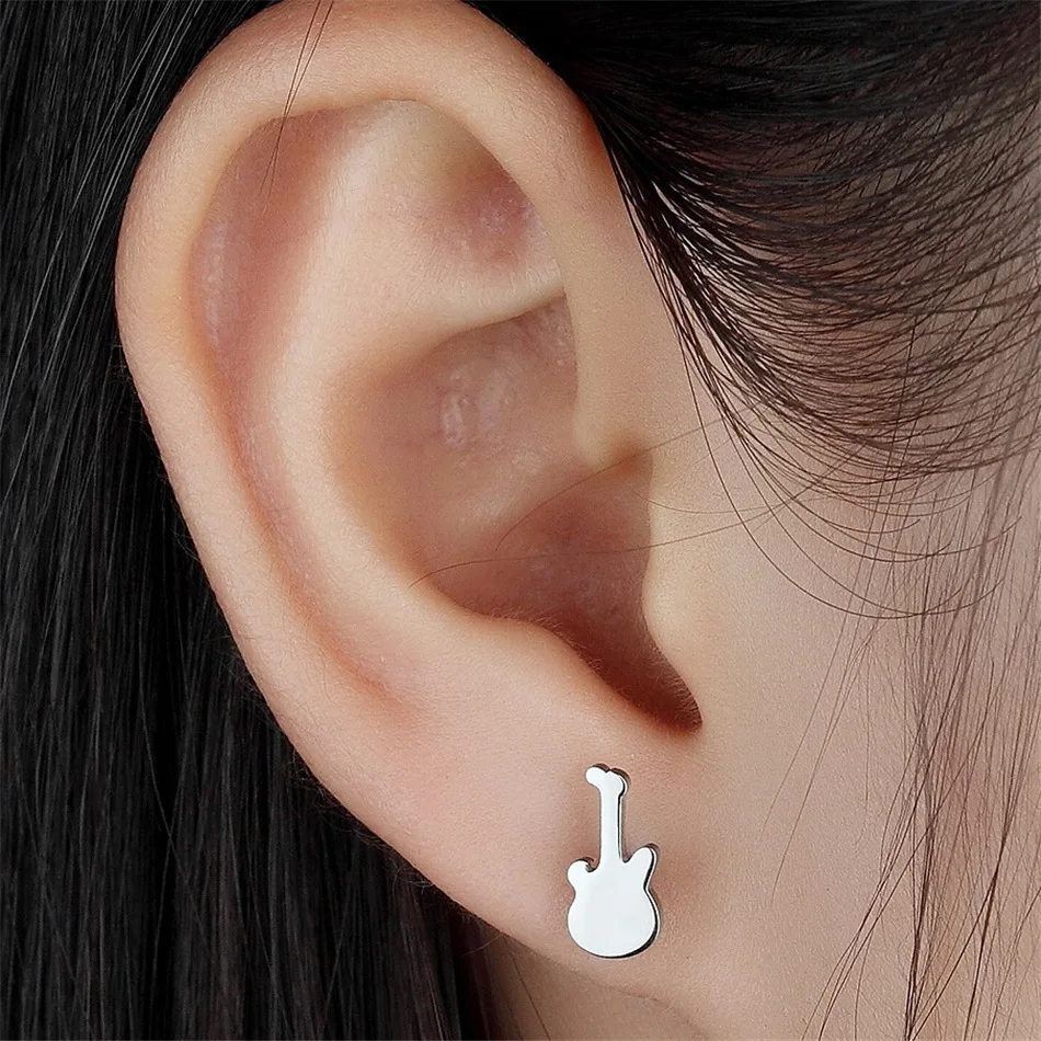

FGifter Hiphop Music Guitar Stud Earrings for Women Men Silver Color Stainless Steel Earring Female Male Ear Piercing Jewelry