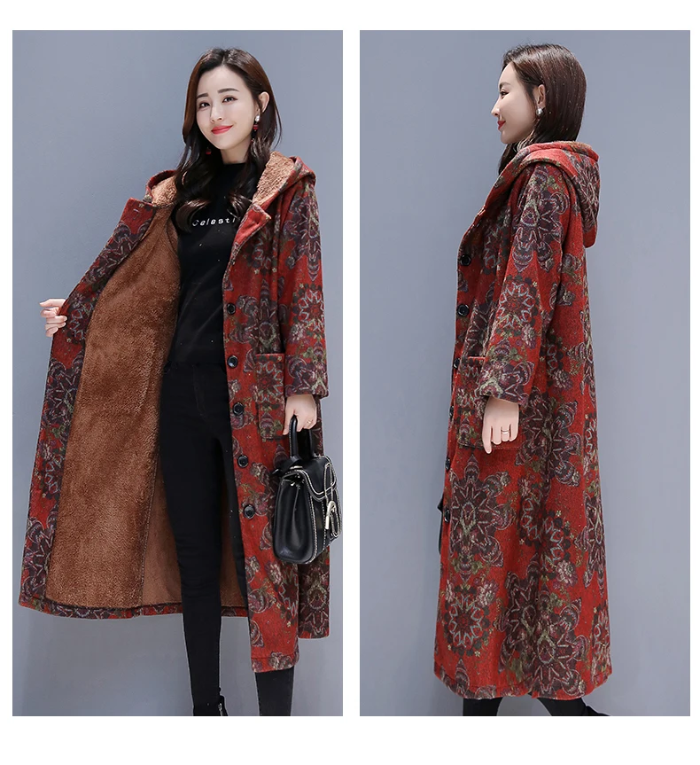 Зимняя одежда больших размеров для женщин, шерстяное пальто с капюшоном и длинным рукавом, Трендовое винтажное пальто с принтом, плотное длинное женское пальто 2290