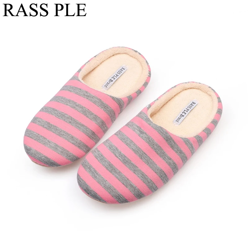 

RASS PLE Striped Soft Bottom Home Slippers Cotton Warm Shoes Women Indoor Floor Slippers Non-slips Shoes For Bedroom House