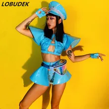 Пикантные модные праздничные вечерние Для женщин сценический костюм хип-хоп джаз танец команды DS представление синий стразы бикини; юбка; шляпа; комплект танцевальный костюм