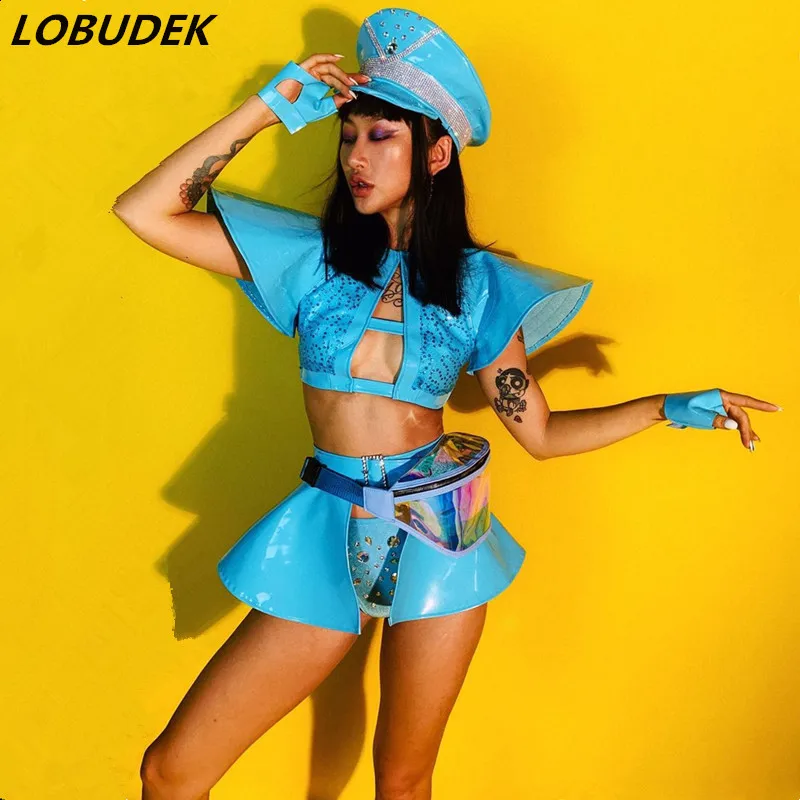 

Sexy Fashion Festival Party Women Stage Wear Jazz Dance Team DS Performance Blue Rhinestones Bikini Skirt Hat Set Dance Costume