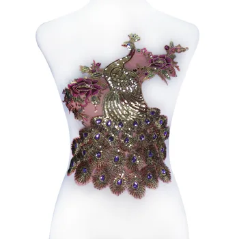 

10piece Gold Sequin Peacock Patches Beaded Purple Rhinestones Lace Embroidery Applique Lace Fabric Motif Garment Diy T2247