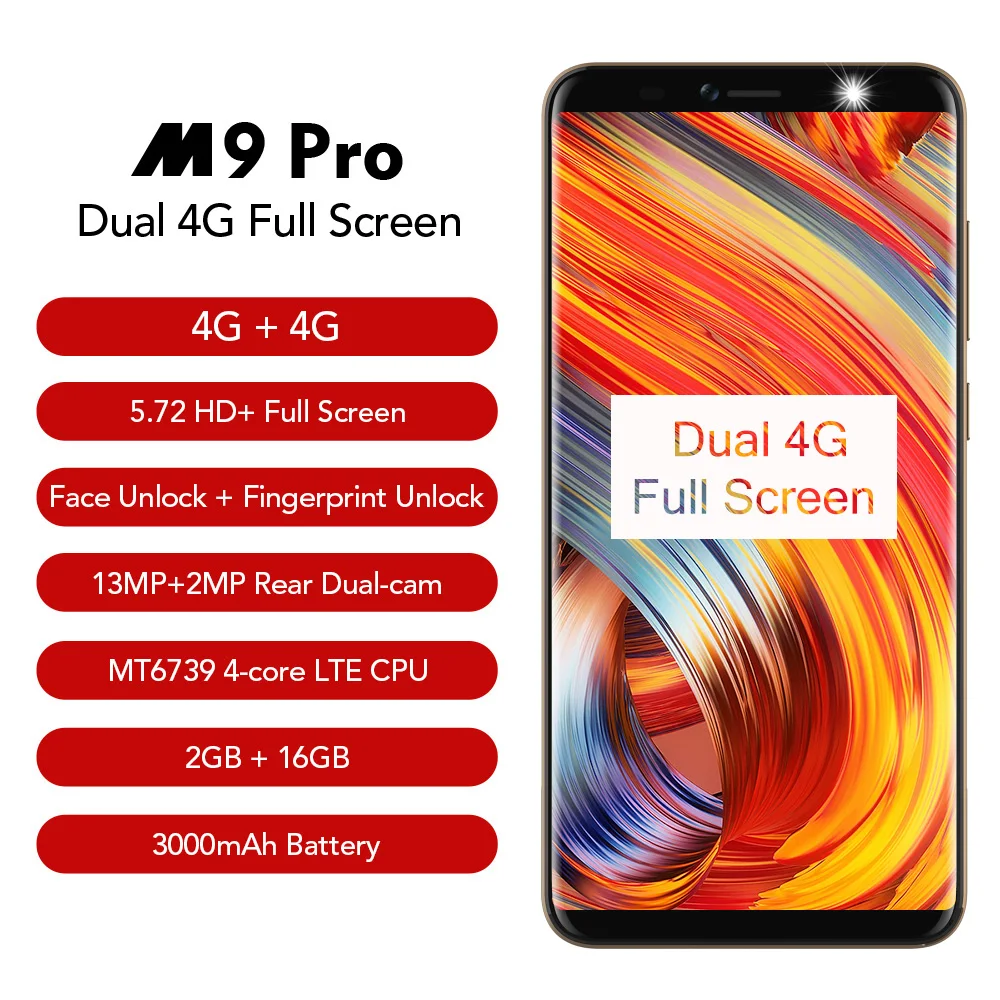 Leagoo M9 Pro 18:9 полный Экран 4G Смартфон Android 8,1 MT6739V 5,72 "4 ядра 2 Гб Оперативная память 16 Гб Встроенная память 13MP лицо разблокированный мобильный