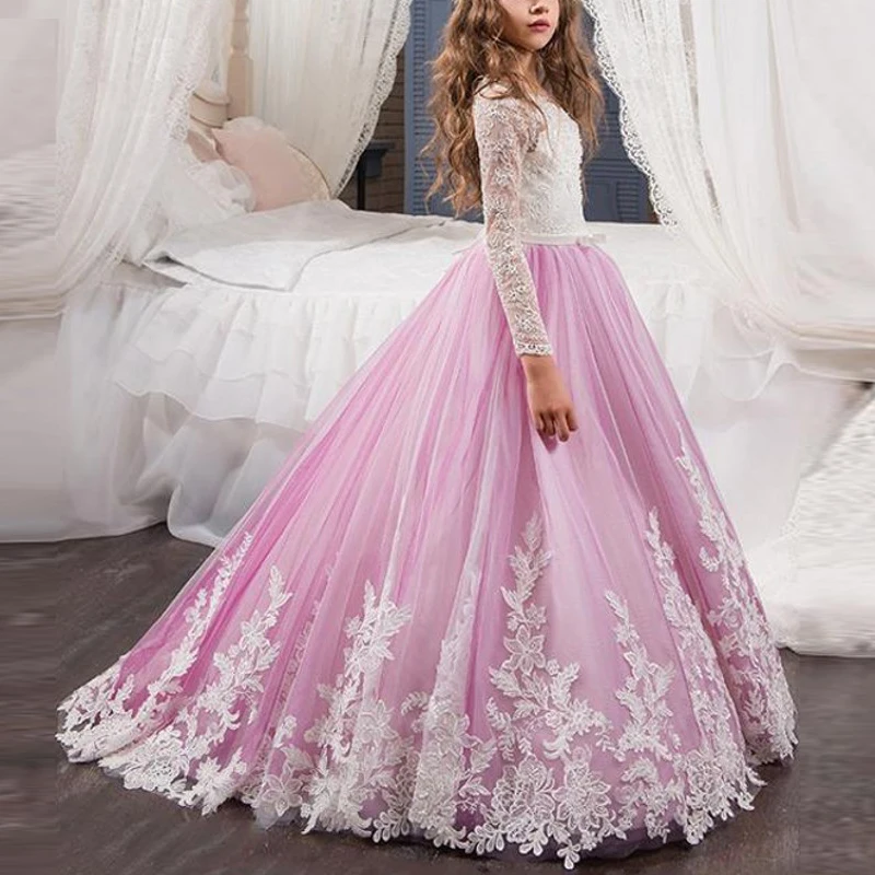 Лавандовые платья для девочек с длинными рукавами, трапециевидной формы, украшенные жемчужинами, с бантом и поясом, фатиновые вечерние