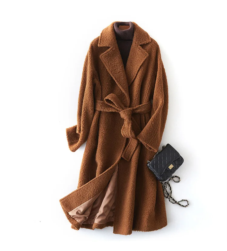 Настоящее пальто с мехом женские на осень-зиму теплые Шерстяной Тренч Шерсть Альпака меховая куртка Женская мода Тонкий Длинный дизайн npi 80316c