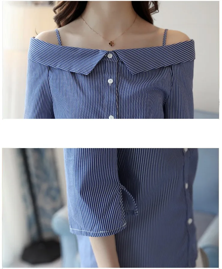 2018 Summer Off Shoulder Blouse Women Shirts Striped Slash Neck Tops Female Korean Fashion Rayas Chemisier Femme Blusas (5)