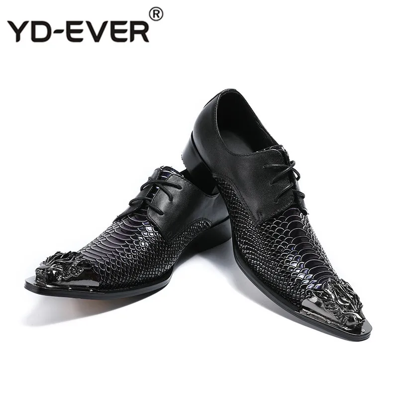 

British Style Mens Formal Dress Shoes Metal Toe Genuine Leather Snakeskin Print Lace Up Wedding Male Shoes Zapatos Hombre 2019