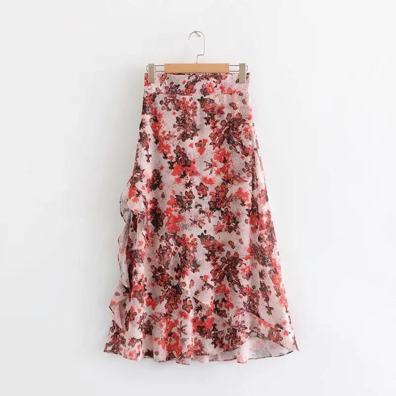 

New 2019 Summer Womens Chiffon Skirts High Waist Irregular Ruffles Ladies Printed Maxi Long 50S Skirt Aline Party Sweet Clothing