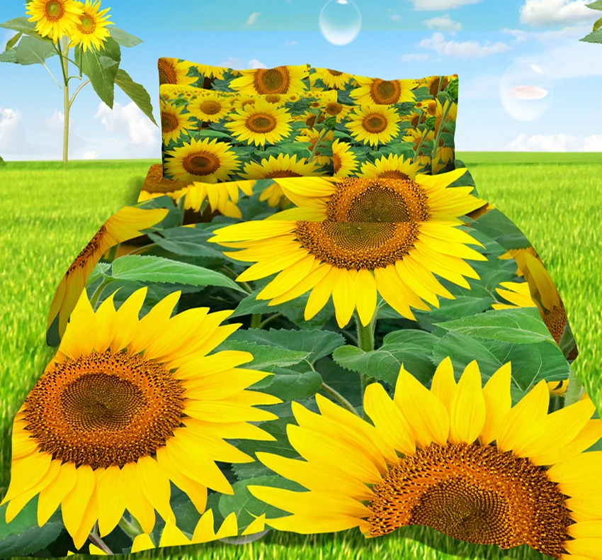 

Yellow sunflower on the lawn 3d effect photo bed linen can be customized photo pattern