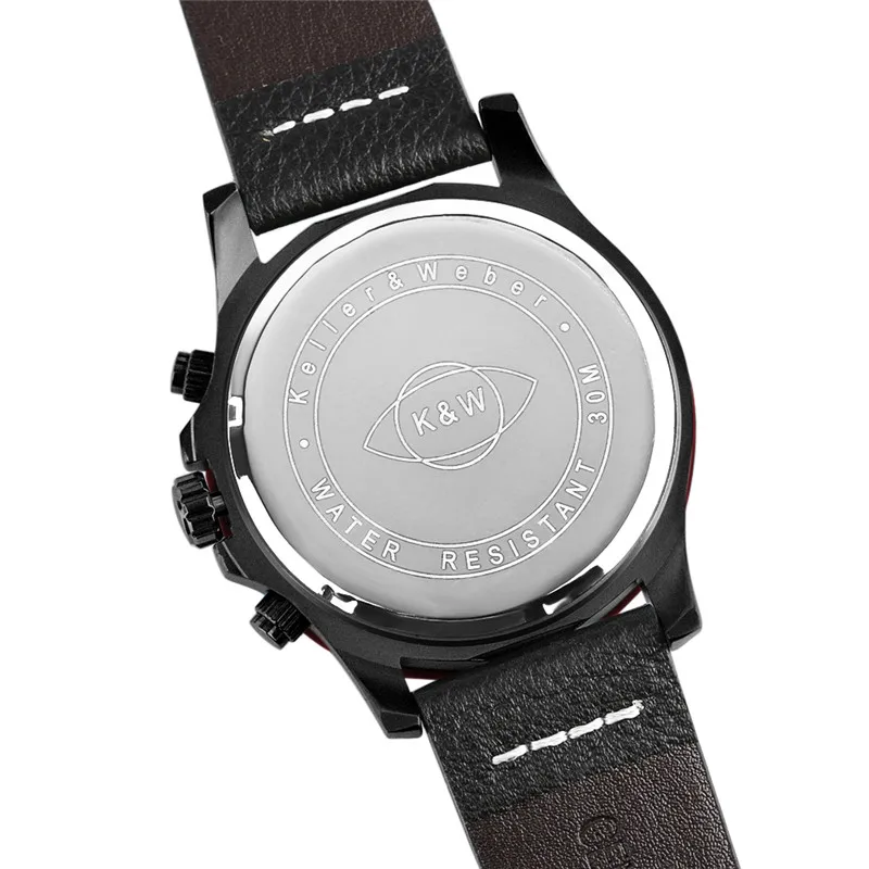 Keller& Weber мужские наручные часы Модные мужские кварцевые Хронограф Спортивные армейские военные часы из натуральной кожи