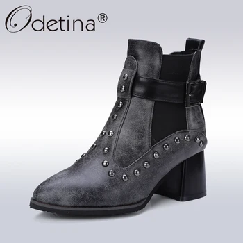 

Odetina Sexy Pointed Toe Rivet Chelsea Boots Women Buckle Strap Gladiator Ankle Boots Lady Heels Motorcycle Boot Plus Size 46