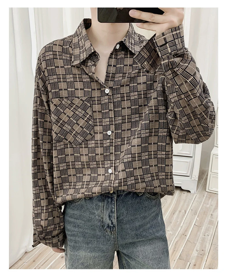 Men's shirt new autumn plaid print long-sleeve shirt loose casual retro lapel fashion personality youth men's wear