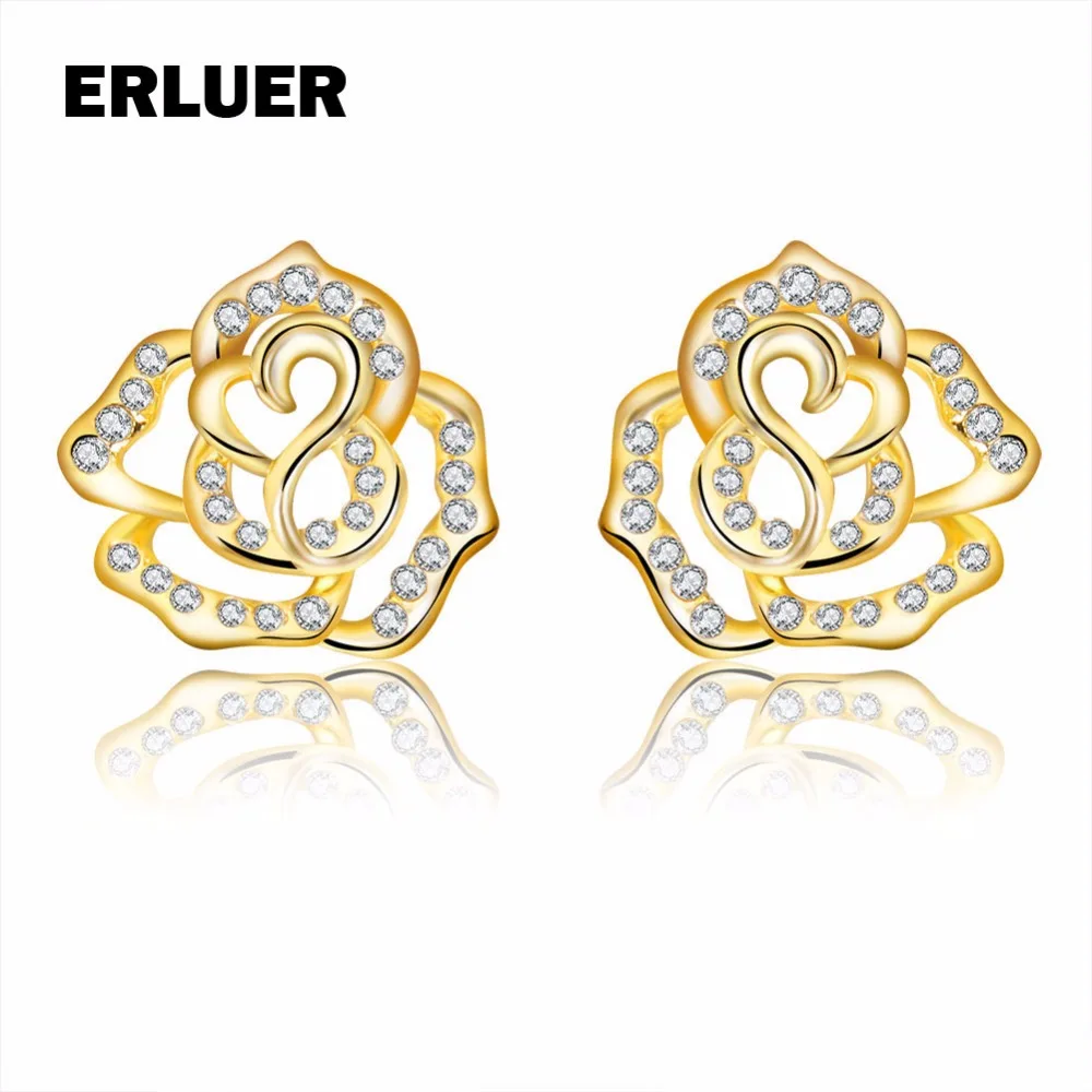 

Rose Flowers Stud Earrings For Women Girls Gold Color Cz Crystal Rhinestone Jewelry Earring Wedding Party Brincos Ear piercing