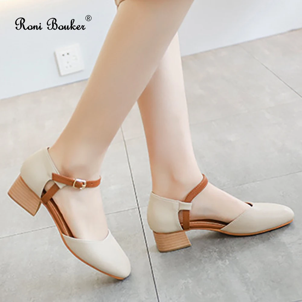 

Roni Bouker Women Beige Sandals Shoes Woman Thick Heel Summer Square Toe Soft Leather Elegant Buckle Strap with Non-slip Outsole