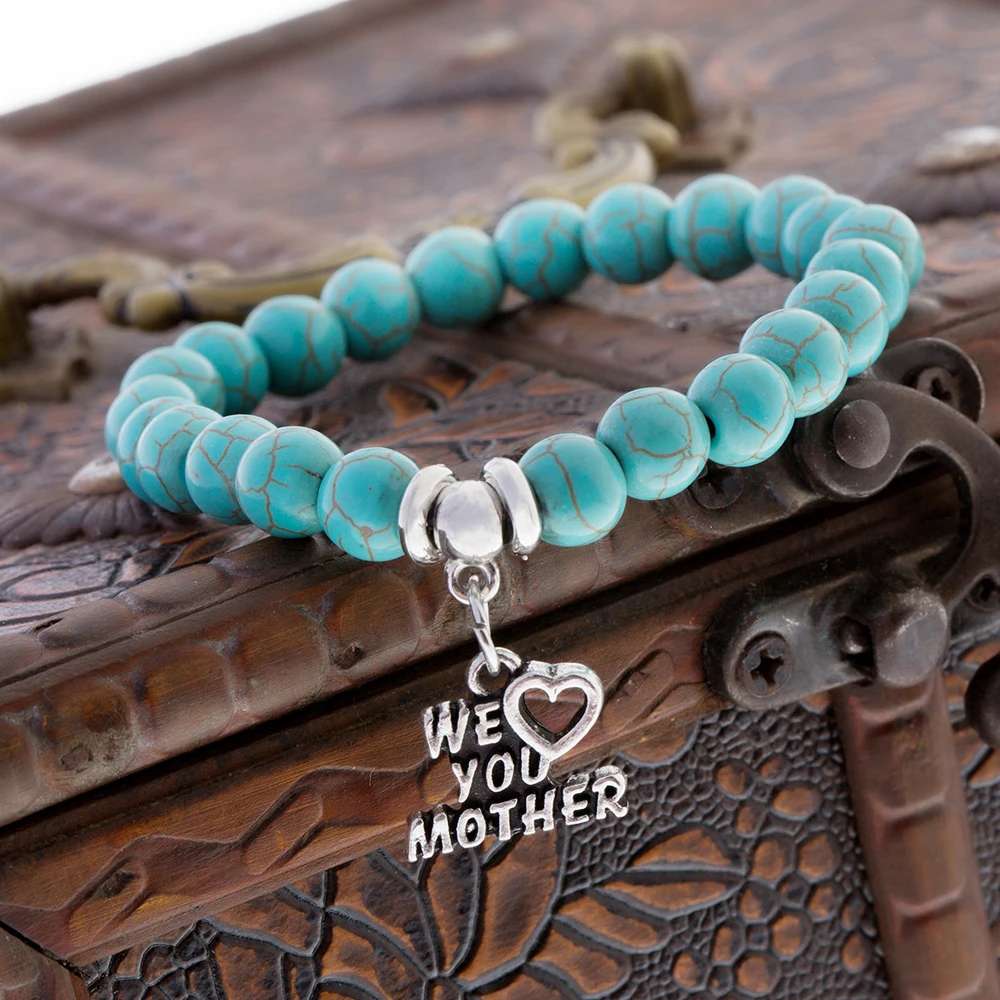 12PC/Lot We Love You Mother Heart Charms Natural Stone Beads Bracelet