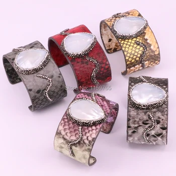 

5Pcs Colorful leather bangle Pave crystal rhinestone with natural shell pearls jewelry Cuff Bangle bracelet For Women
