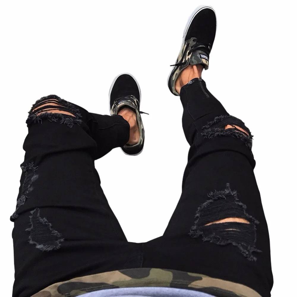 QoolXCWearl Mens Hole Jeans Plus Size S-3XL Slim Biker Casual Denim Skinny Frayed Pants Distressed Rip Jeans Black