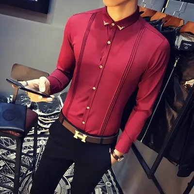 Camisa Masculina осень мужской смокинг рубашки с длинным рукавом Slim Fit деловые повседневные рубашки мужские модные однотонные вечерние рубашки мужские - Цвет: Wine Red