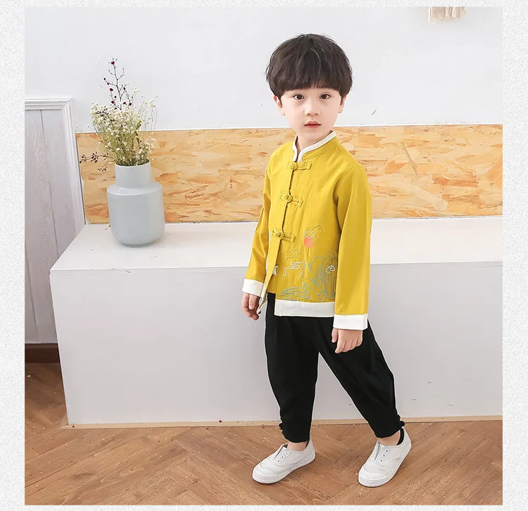 Children'S Traditional Chinese Clothing Retro Tang Suit Summer Boy Long Sleeve Trousers Cotton And Linen Tang Sets Boys SL1172