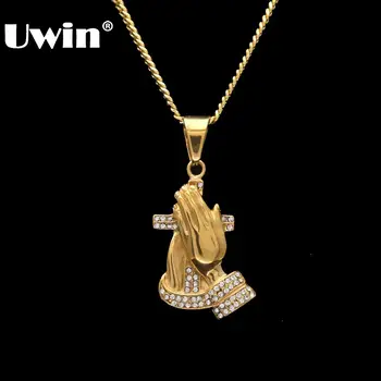 

Uwin Vintage Iced Out Rhinestones Religion Praying Hand Cross Necklaces&Pendants Stainless Steel Charm Hiphop Gold Color Jewlery