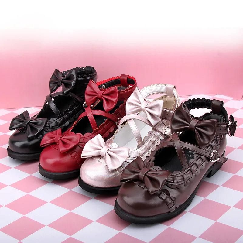 4 цвета; туфли принцессы в японском стиле на низком каблуке с бантом в стиле Лолиты; женские одноцветные туфли на плоской подошве с круглым