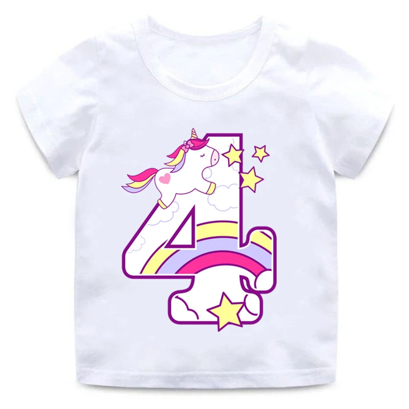 Футболка для мальчиков и девочек с принтом в виде единорога на день рождения, номер 1-9, с бантом, забавная футболка с рисунком для малышей, детская одежда на день рождения, HKP5238