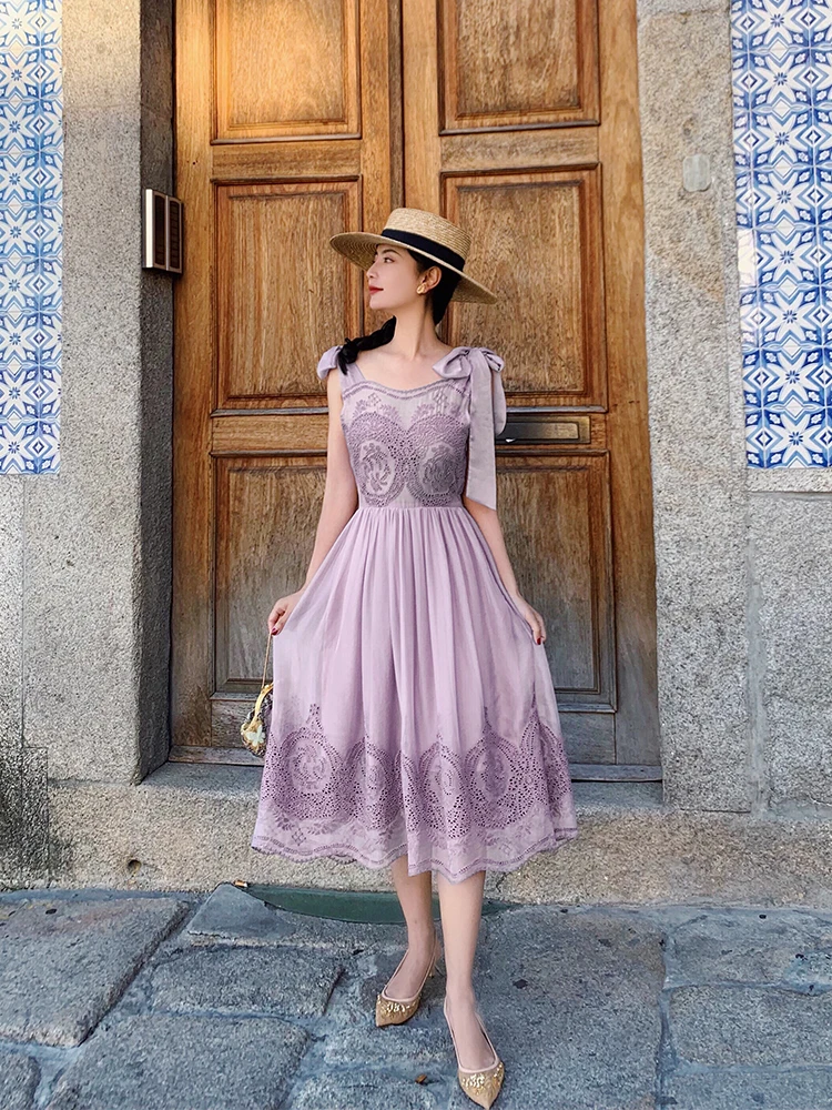 

LYNETTE'S CHINOISERIE Spring Summer Women Exquisite Hollow Out Embroidery Mysterious Romantic Purple Chiffon Strapless Dresses