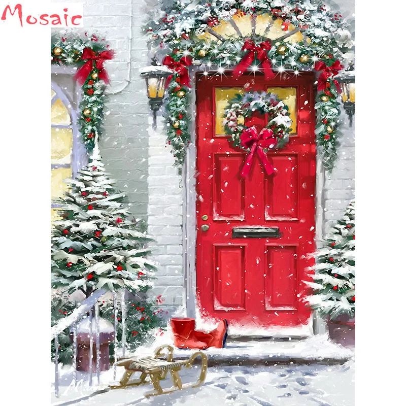 

Diamond Painting Full Square Drill Diamond Embroidery Christmas red door Rhinestone Home Decor Unfinished Art Decoration Gift