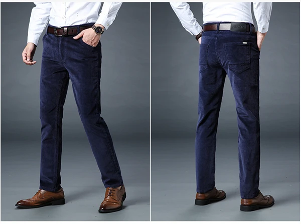 Модные осенне-зимние джинсы для мужчин, повседневные, Бизнес Стиль, классические, длинные штаны, Hombre, вельветовые, теплые брюки, облегающие, плотные, Pantalon - Цвет: Navy Blue